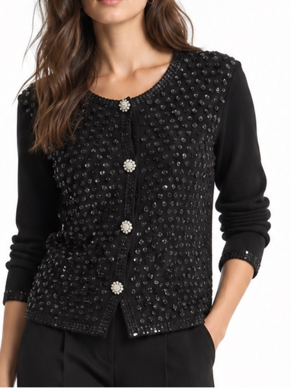 Berek NWT 3D Floral Black Sequin Embellished Button Down Cardigan Size XL